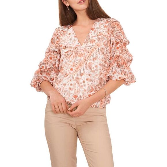 CeCe peach paisley ivory size small Elbow Sleeve Split-Neck Blouse - Picture 1 of 7
